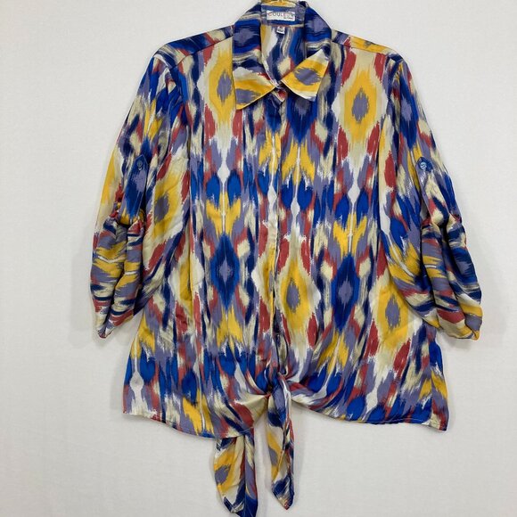 Couleur by Finley size XL Colorful Artsy Retro Rolled Tab Button Down Tie Front - Picture 1 of 10